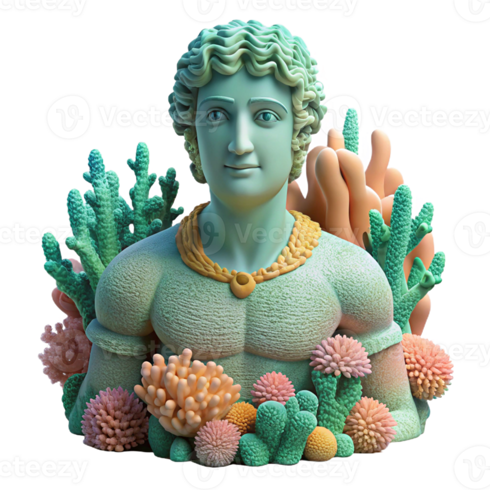 elegant classic An ancient underwater statue, covered in coral and algae, mysterious, archaeological style detailed png