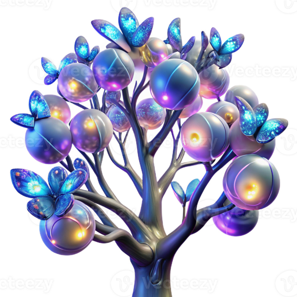 beautiful creative A fractal tree with branches made of lightning and leaves of iridescent butterflies, illuminated by a full moon, in a psychedelic art style, high quality png