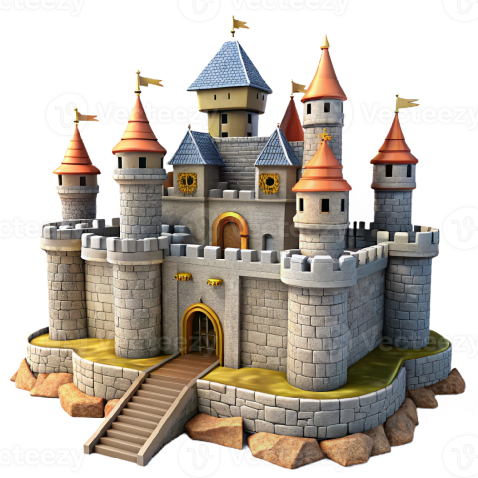 magnificent minimalist Medieval castle, stone walls and towers, dramatic sky, fantasy art style, realistic rendering original png