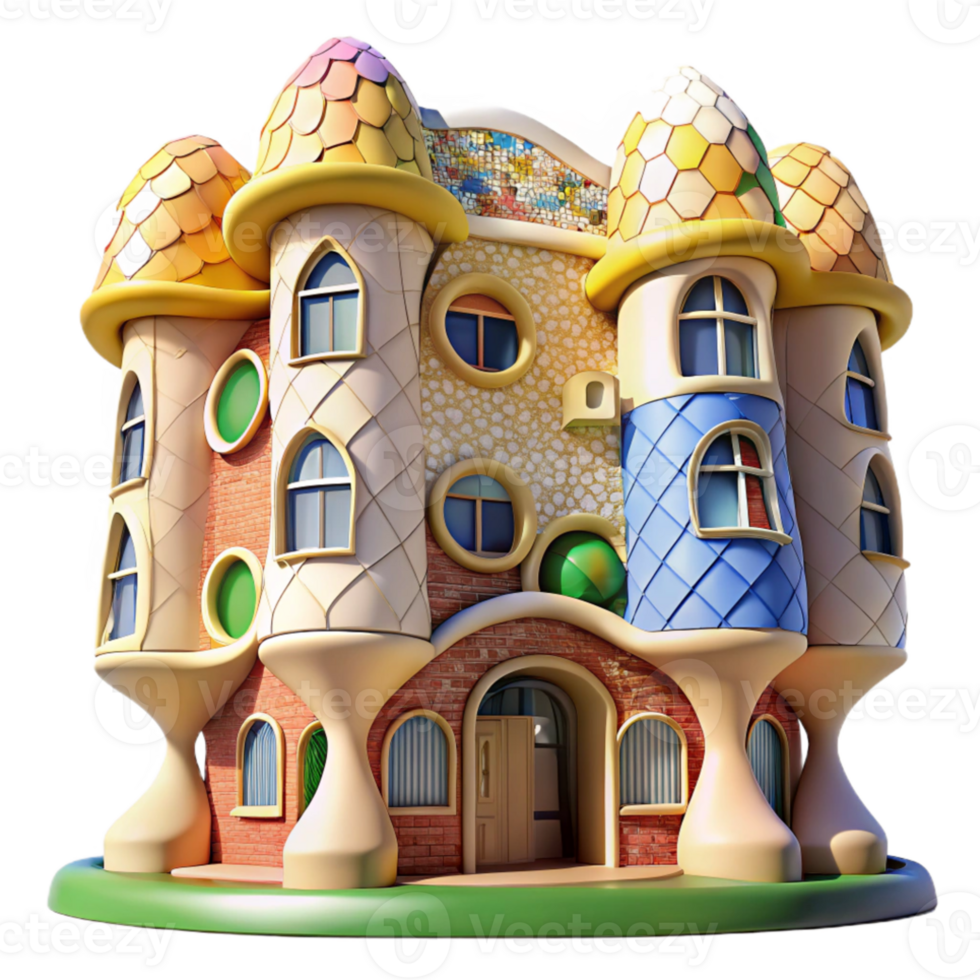 impressive minimalist A Gaudi-inspired apartment building, colorful mosaics, organic shapes, bright sunlight, whimsical style premium png