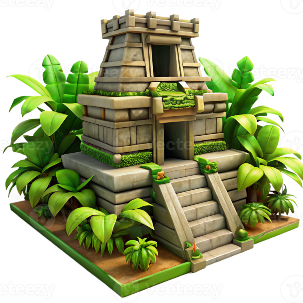 elegant modern Ancient Mayan temple, overgrown with jungle vines, dappled sunlight, intricate stone carvings, vibrant green foliage authentic png