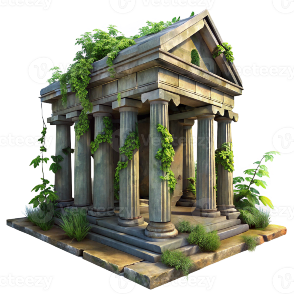stunning abstract Ruined ancient temple, overgrown with vegetation, dappled sunlight, ancient architecture, digital painting, high quality png