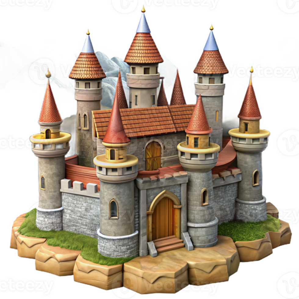 beautiful modern Medieval castle, stone walls and towers, dramatic sky, fantasy art style, realistic rendering exclusive png