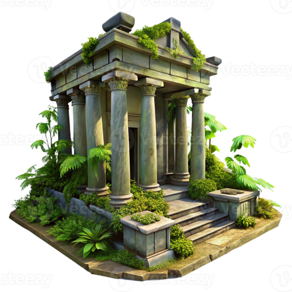 serene traditional Ruined ancient temple, overgrown with vegetation, dappled sunlight, ancient architecture, digital painting, high resolution png