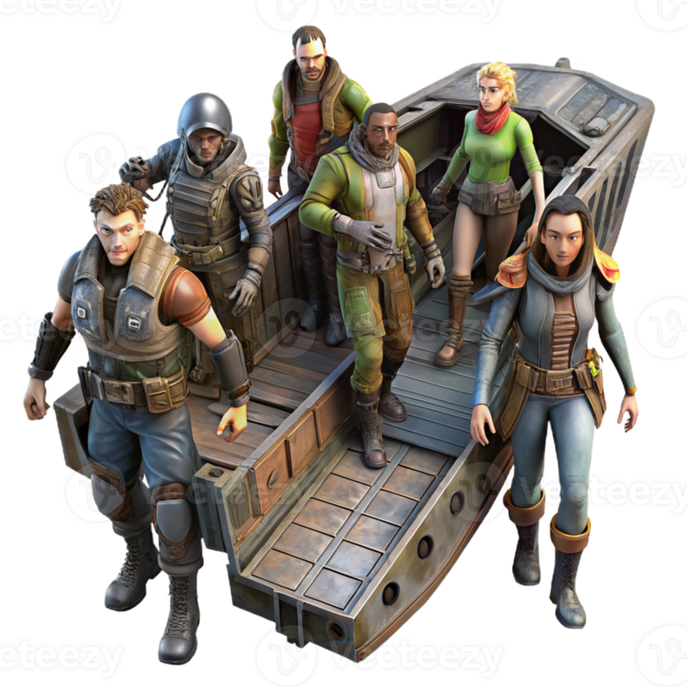 dramatic classic A group of space pirates, with ragged clothing and cybernetic enhancements, board a derelict spaceship. Dark, gritty lighting high quality png