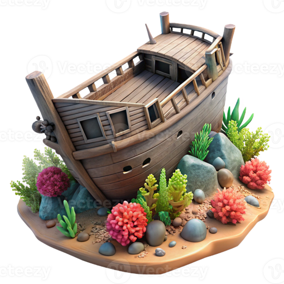 impressive minimalist A shipwreck being reclaimed by nature, coral growing on the hull, haunting, historical style high quality png