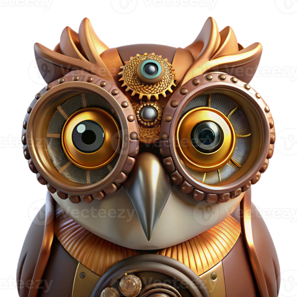 stunning contemporary A close-up portrait of a steampunk owl, with intricate clockwork gears integrated into its feathers, illuminated by a warm, amber light. Art nouveau style authentic png