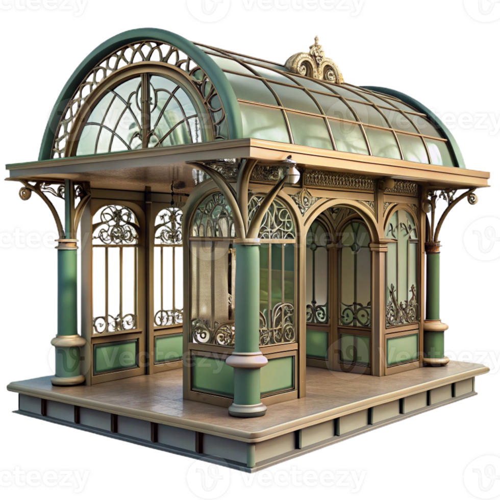 dramatic modern Art Nouveau metro station, intricate ironwork, floral motifs, soft diffused lighting, tiled walls high resolution png