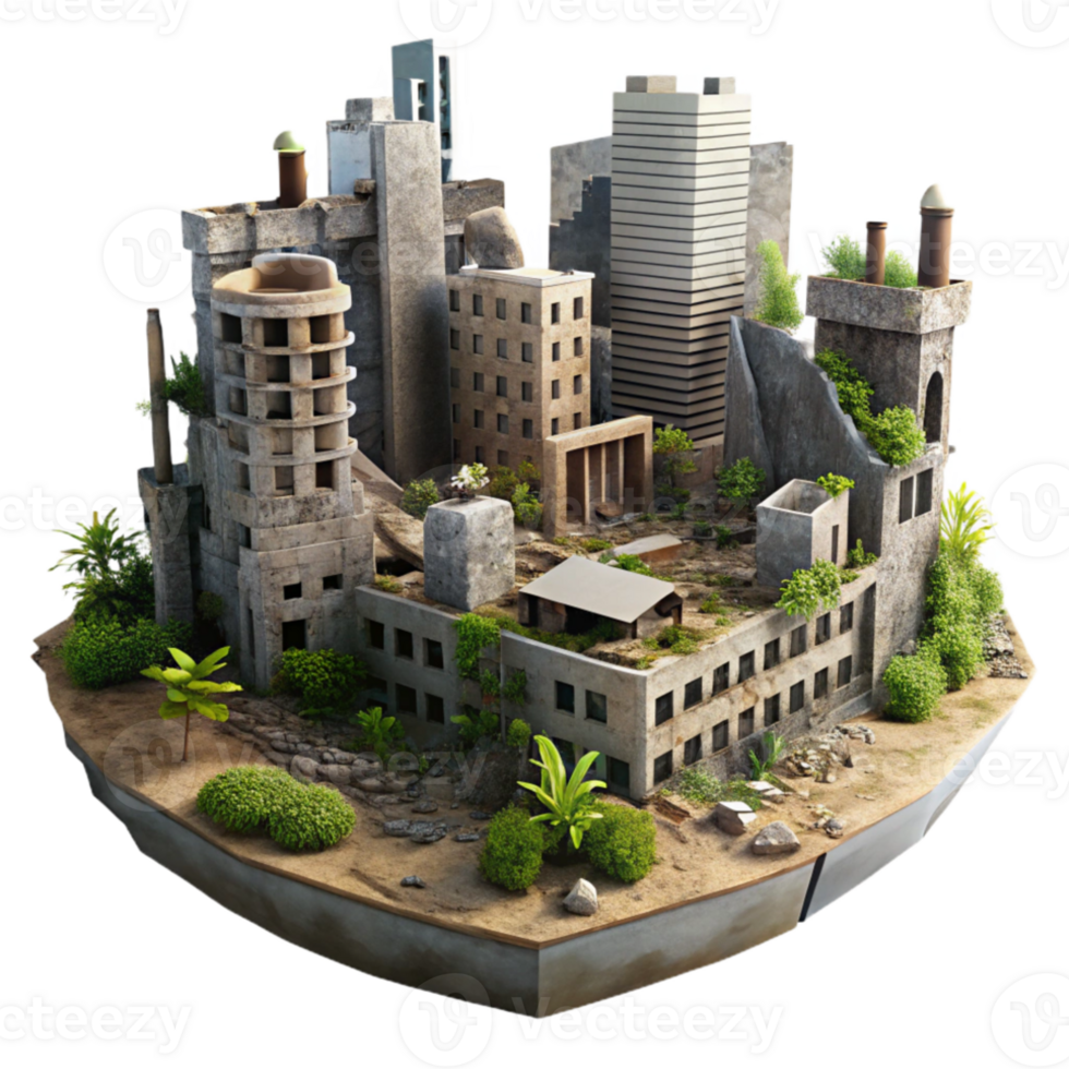 magnificent contemporary Post-apocalyptic city, crumbling buildings, overgrown vegetation, hazy daylight, desolate style high quality png