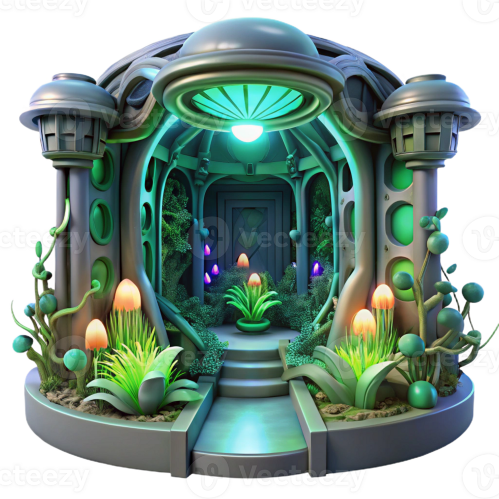 magnificent vintage Bio-luminescent flora illuminating a derelict spaceship interior, overgrown with alien vines, volumetric lighting, art nouveau style genuine png