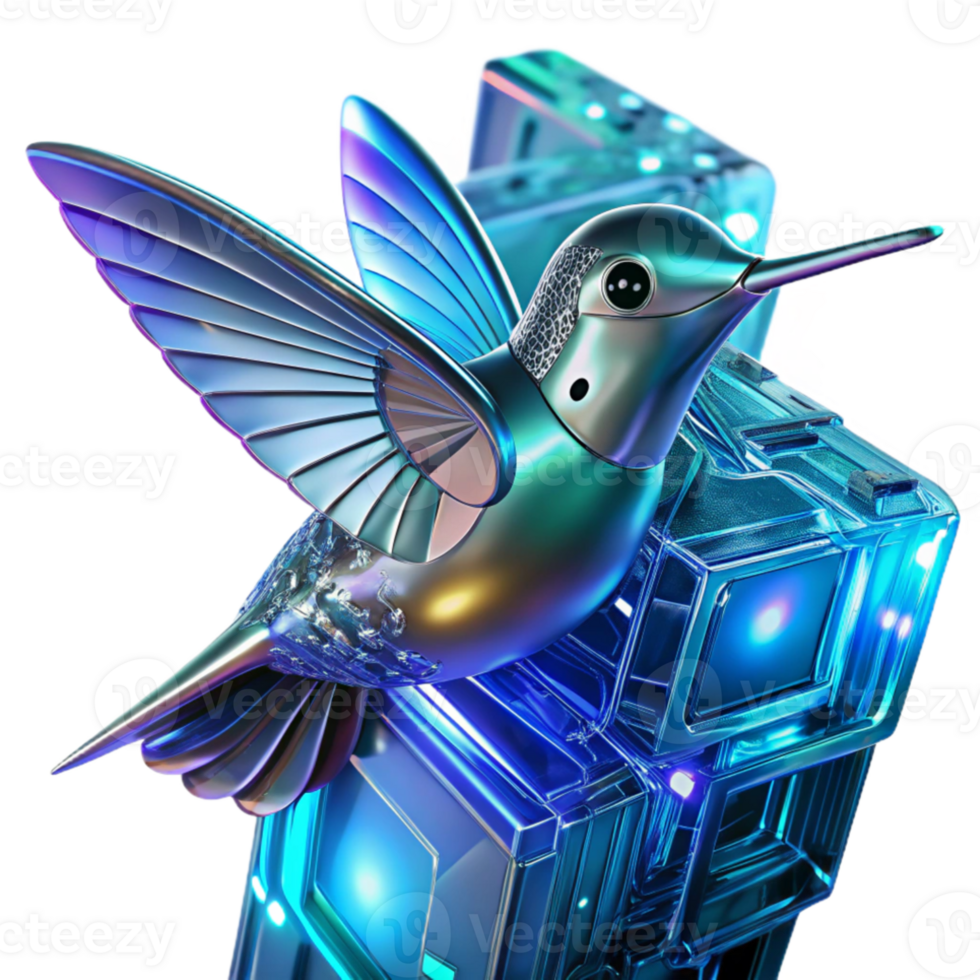 stunning abstract A chrome and glass robotic hummingbird hovering amidst digital data streams, illuminated by soft blue neon light, in a hyperrealistic style premium png