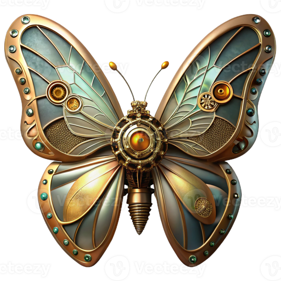 dramatic traditional A steampunk butterfly with mechanical wings, gears and springs visible, delicate filigree patterns, illuminated by a soft, dappled sunlight exclusive png