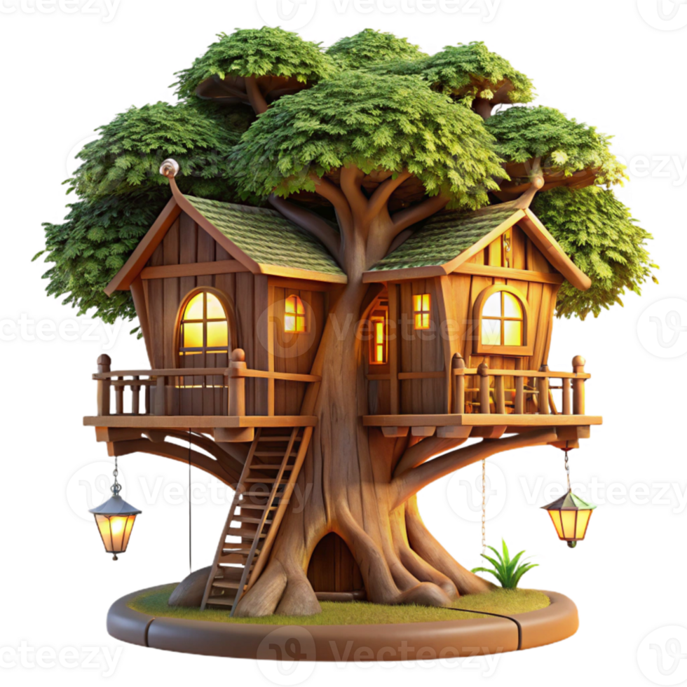 wonderful minimalist Treehouse built into a giant sequoia, rustic wooden construction, intricate details, warm evening light, fairytale style premium png