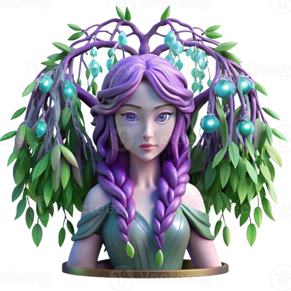 elegant classic A serene dryad emerging from a willow tree with cascading leaves of amethyst and emerald, bathed in dappled sunlight. Detailed, pre-Raphaelite style original png