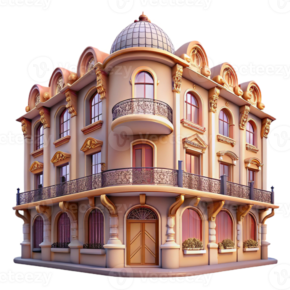 extraordinary modern Art Nouveau apartment building, ornate facade, floral motifs, wrought iron balconies, vintage style, soft lighting high resolution png