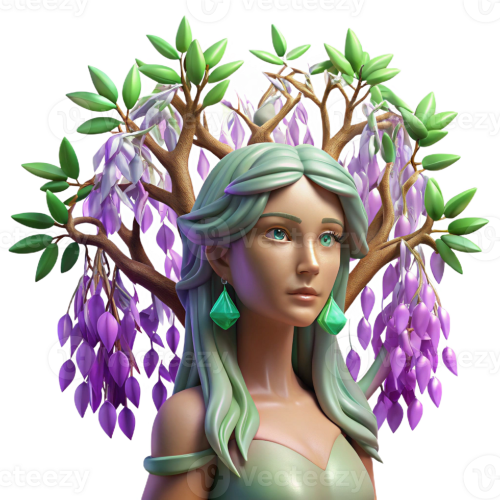 extraordinary contemporary A serene dryad emerging from a willow tree with cascading leaves of amethyst and emerald, bathed in dappled sunlight. Detailed, pre-Raphaelite style premium png