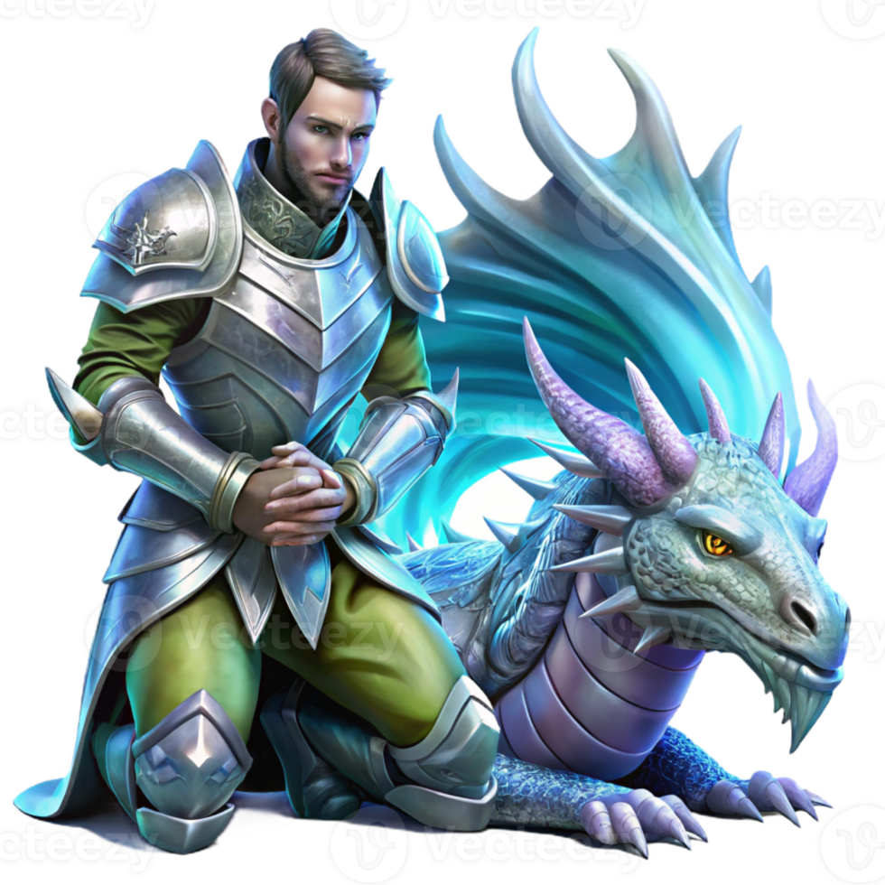 impressive abstract A powerful, armored knight kneeling before a spectral dragon, its scales shimmering with celestial light. Epic, fantasy art style high resolution png