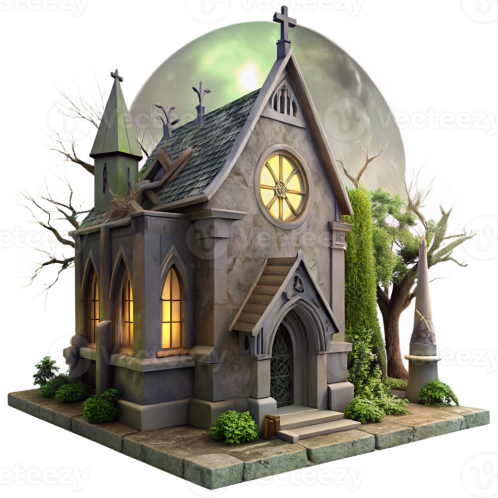 stunning contemporary A decaying, abandoned church with broken stained-glass windows and overgrown vines, lit by a full moon. Gothic horror style high resolution png