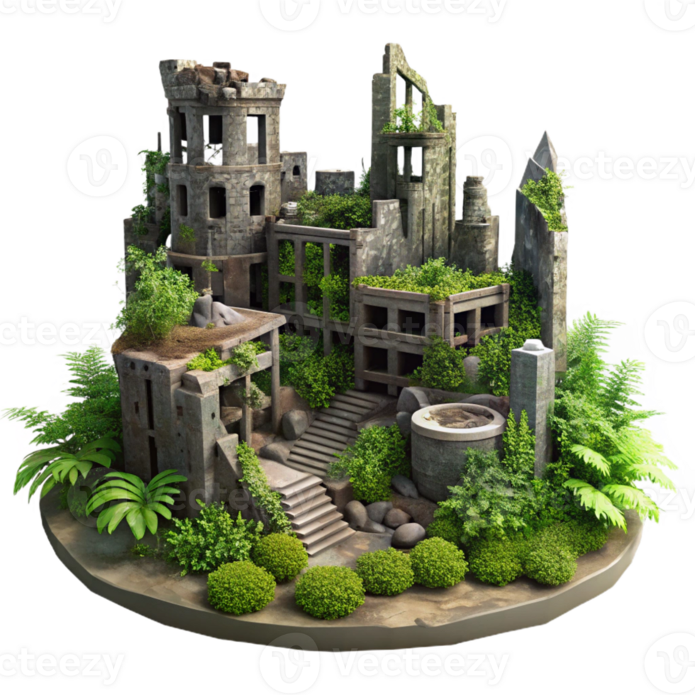 impressive artistic Post-apocalyptic city ruins, overgrown with vegetation, crumbling buildings, eerie atmosphere, digital painting original png