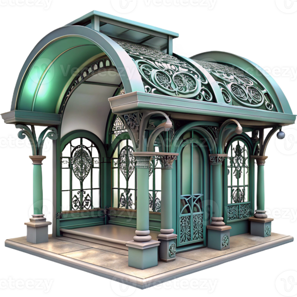 impressive creative Art Nouveau metro station, intricate ironwork, floral motifs, soft diffused lighting, tiled walls exclusive png