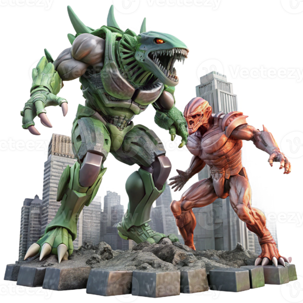 extraordinary traditional A giant robot battling a monstrous alien creature, amidst the ruins of a futuristic city, epic scale, dynamic action pose original png