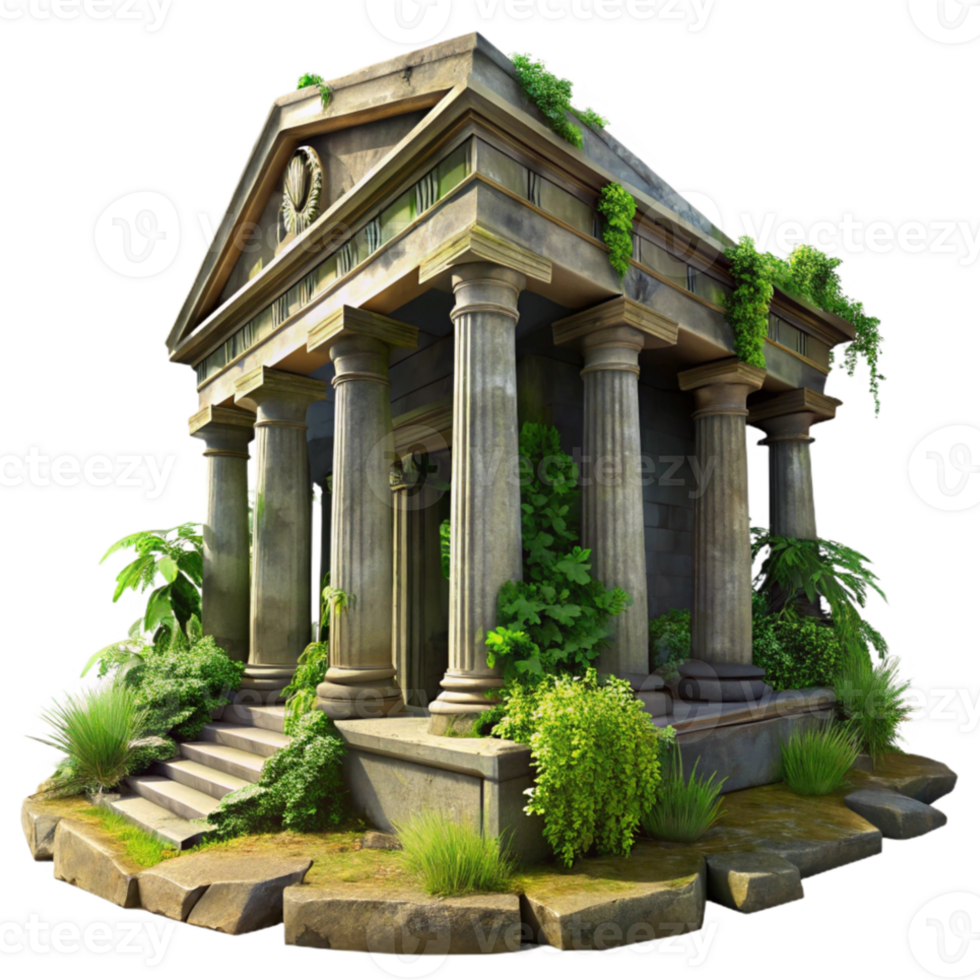extraordinary classic Ruined ancient temple, overgrown with vegetation, dappled sunlight, ancient architecture, digital painting, high resolution png
