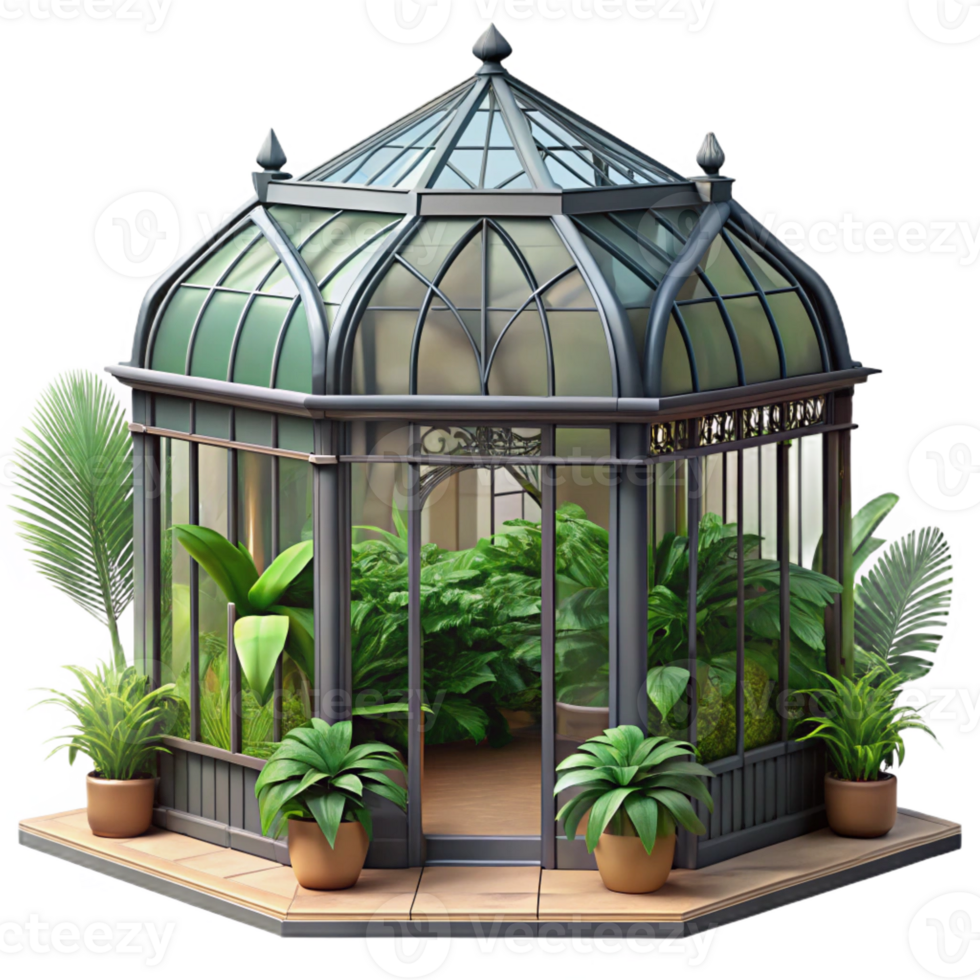 beautiful traditional Victorian greenhouse, wrought iron and glass, lush tropical plants, soft diffused light high resolution png