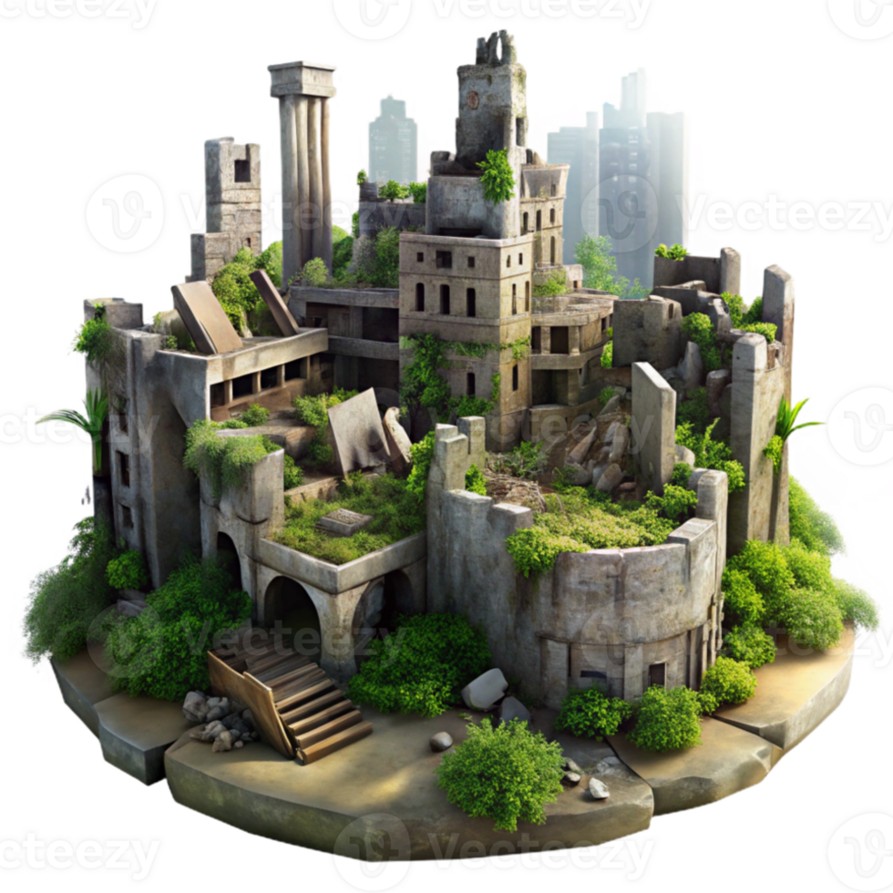 elegant abstract Post-apocalyptic ruined city, crumbling buildings, overgrown vegetation, hazy sunlight, digital painting high resolution png