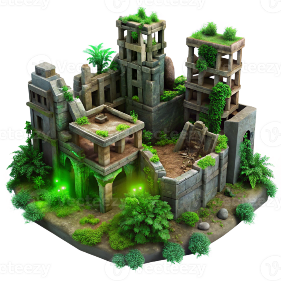 stunning modern Post-apocalyptic city ruins, overgrown with vegetation, decaying buildings, eerie green lighting 4K png