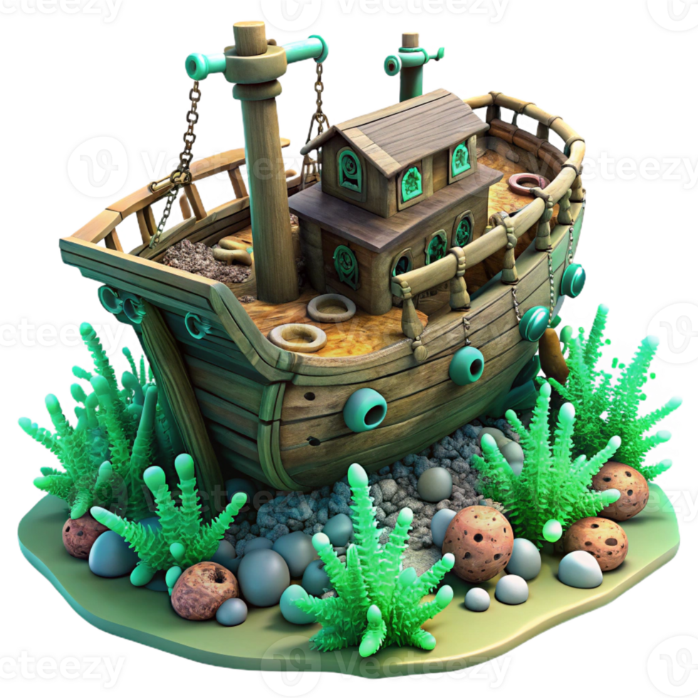 beautiful modern A sunken pirate ship, encrusted with barnacles and coral, resting on the seabed, eerie green lighting, fantasy art style premium png