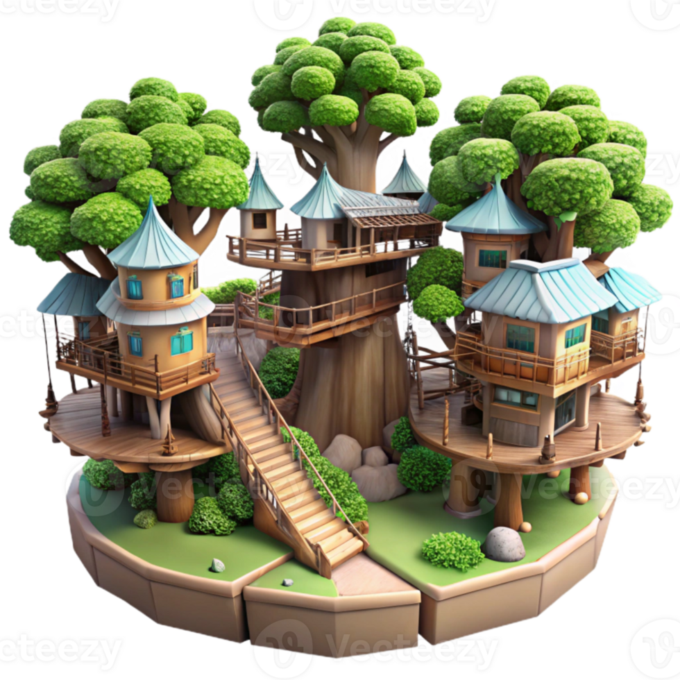 stunning abstract Giant treehouse village, interconnected platforms and bridges, lush foliage, fantasy art style premium png