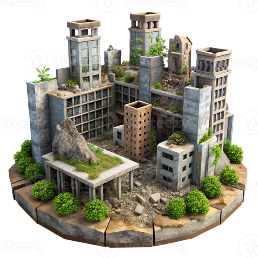 stunning classic Post-apocalyptic city, crumbling buildings, overgrown vegetation, hazy daylight, desolate style 4K png