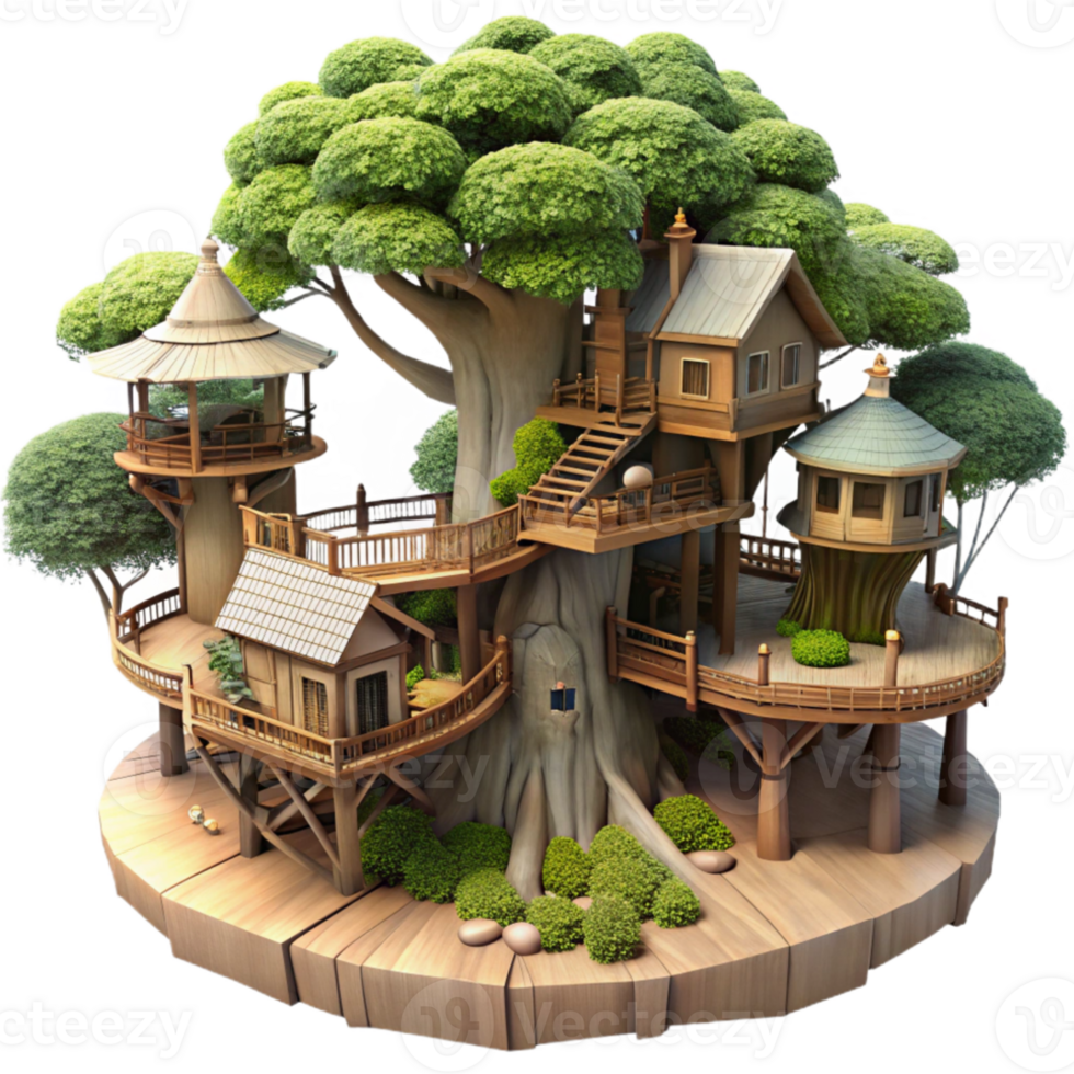 wonderful modern Giant treehouse village, interconnected platforms and bridges, lush foliage, fantasy art style exclusive png