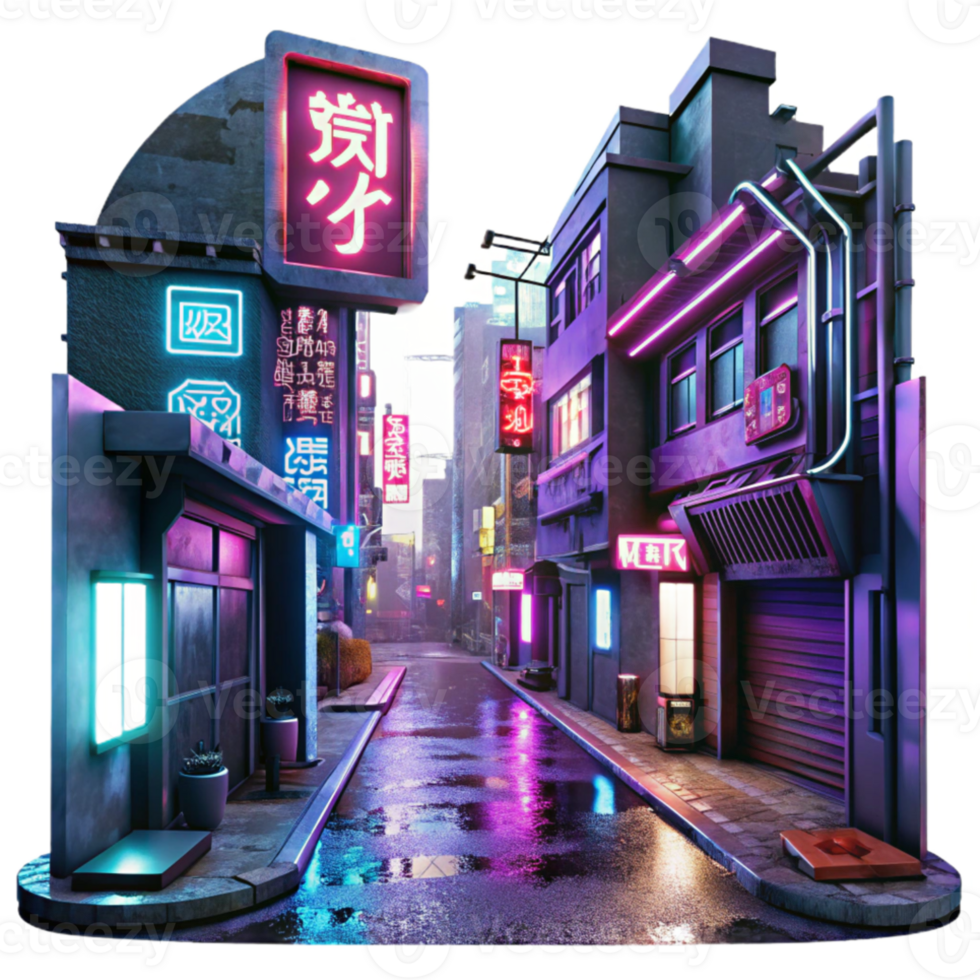 dramatic modern Cyberpunk city street, neon signs in kanji, rainy night, reflections in puddles, gritty and detailed textures high quality png