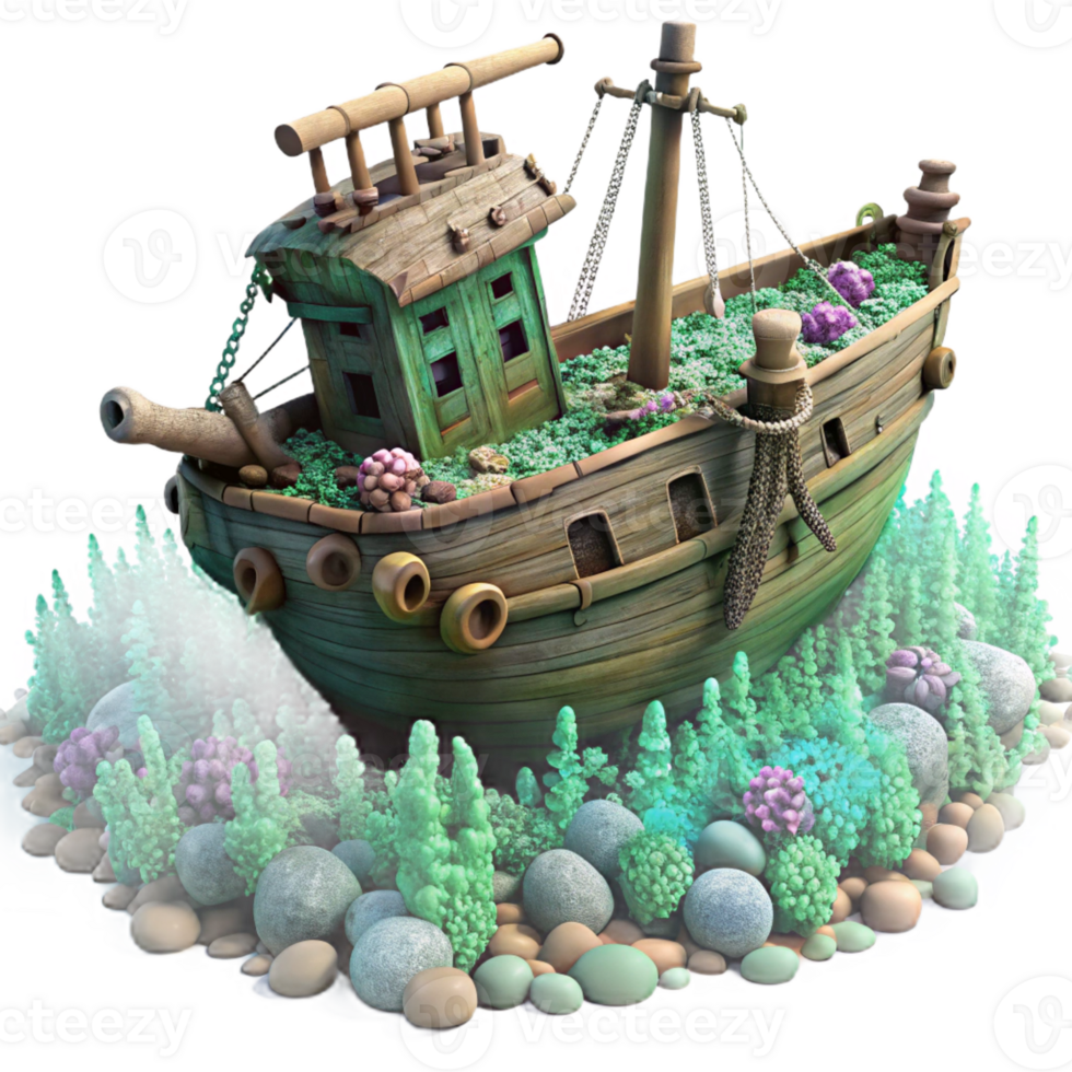 dramatic artistic A sunken pirate ship, encrusted with barnacles and coral, resting on the seabed, eerie green lighting, fantasy art style original png