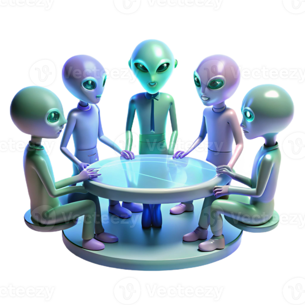 wonderful contemporary A group of alien diplomats gathered around a holographic table, discussing interstellar politics, formal and dignified lighting, photorealistic style 4K png
