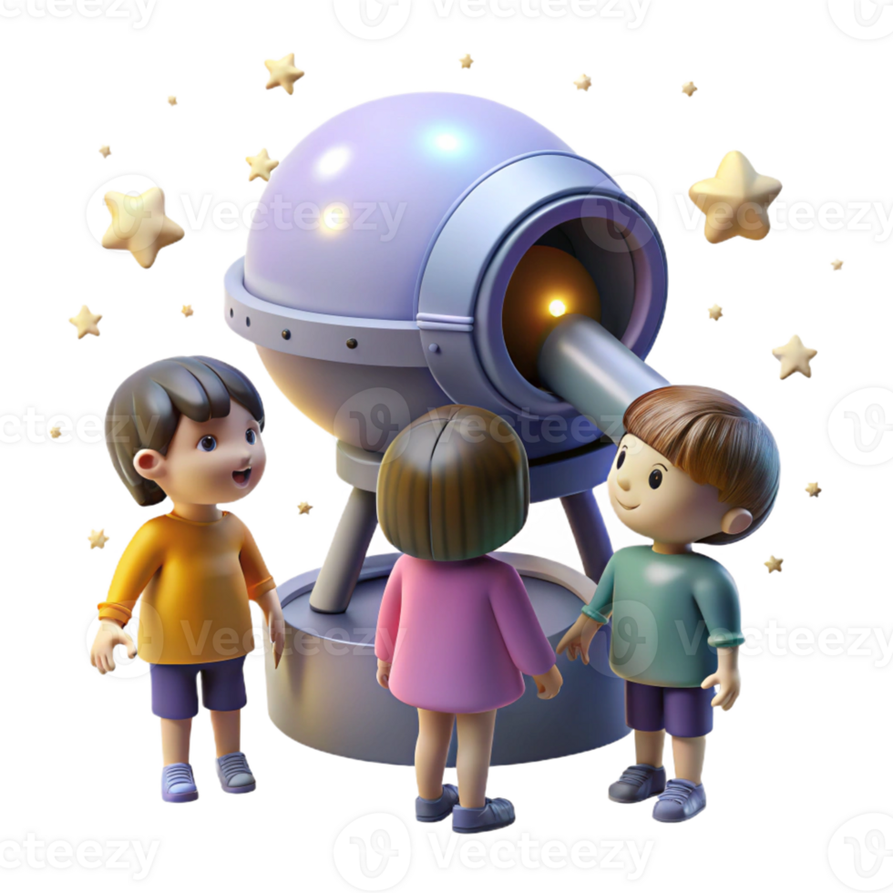 magnificent artistic A group of children gazing up at the stars from a futuristic observatory. Wonder, inspiring, soft lighting high resolution png