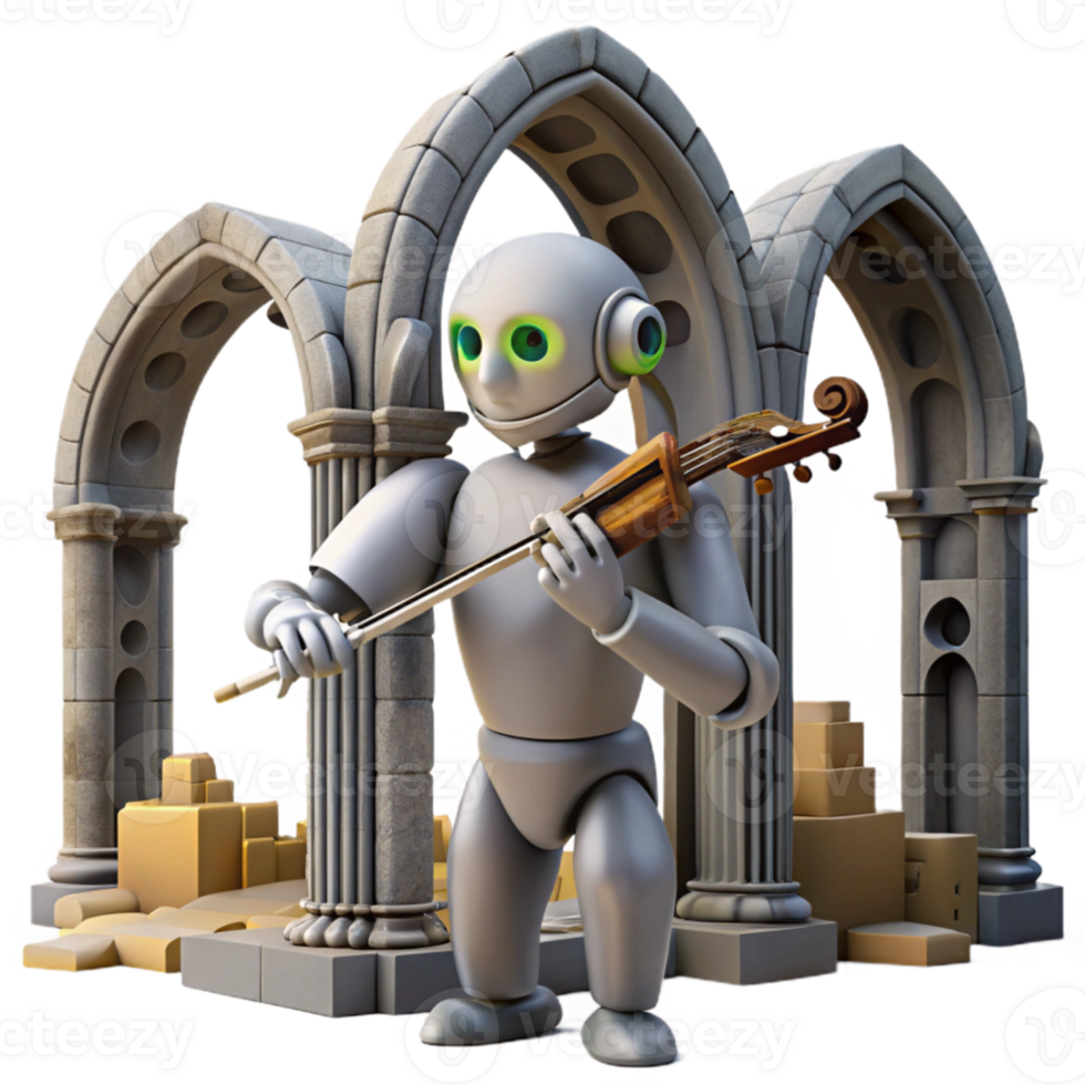 impressive abstract A robot playing a violin in a ruined cathedral, soft lighting, melancholic, romanticism style 4K png