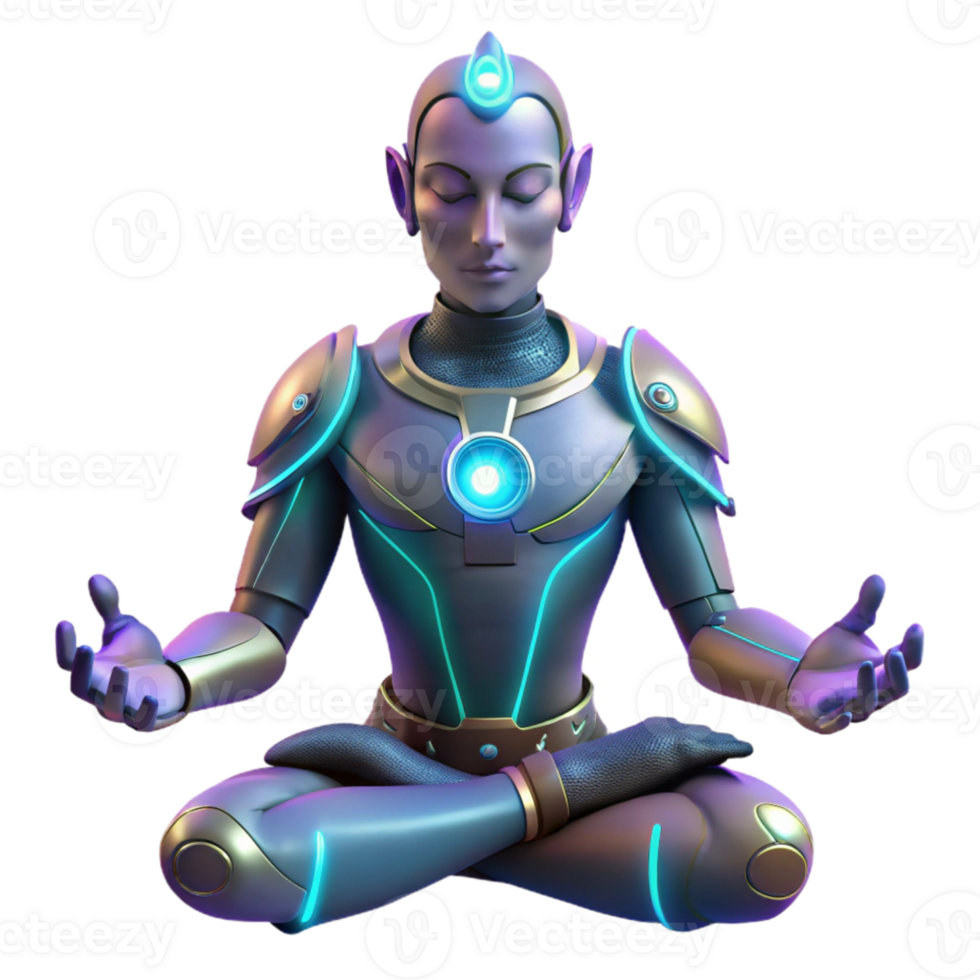extraordinary creative A cyborg with glowing tattoos meditating in a forest, soft lighting, spiritual, fantasy style exclusive png