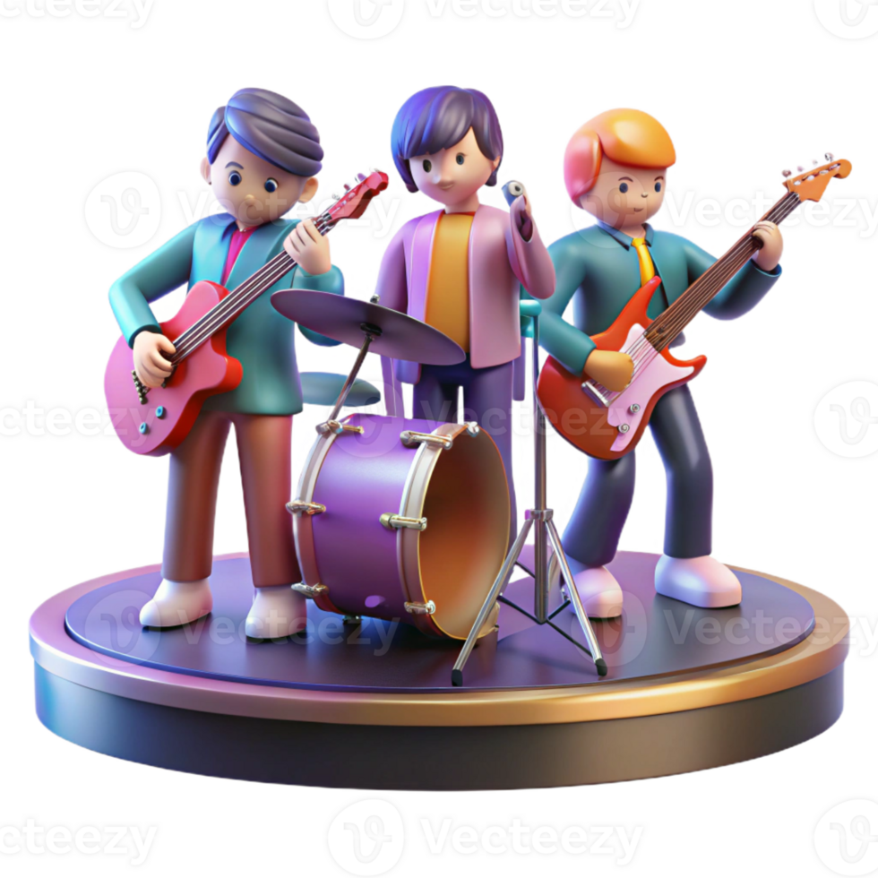 extraordinary modern A group of anime musicians playing instruments on a stage, vibrant lighting, music anime style, energetic performance high quality png