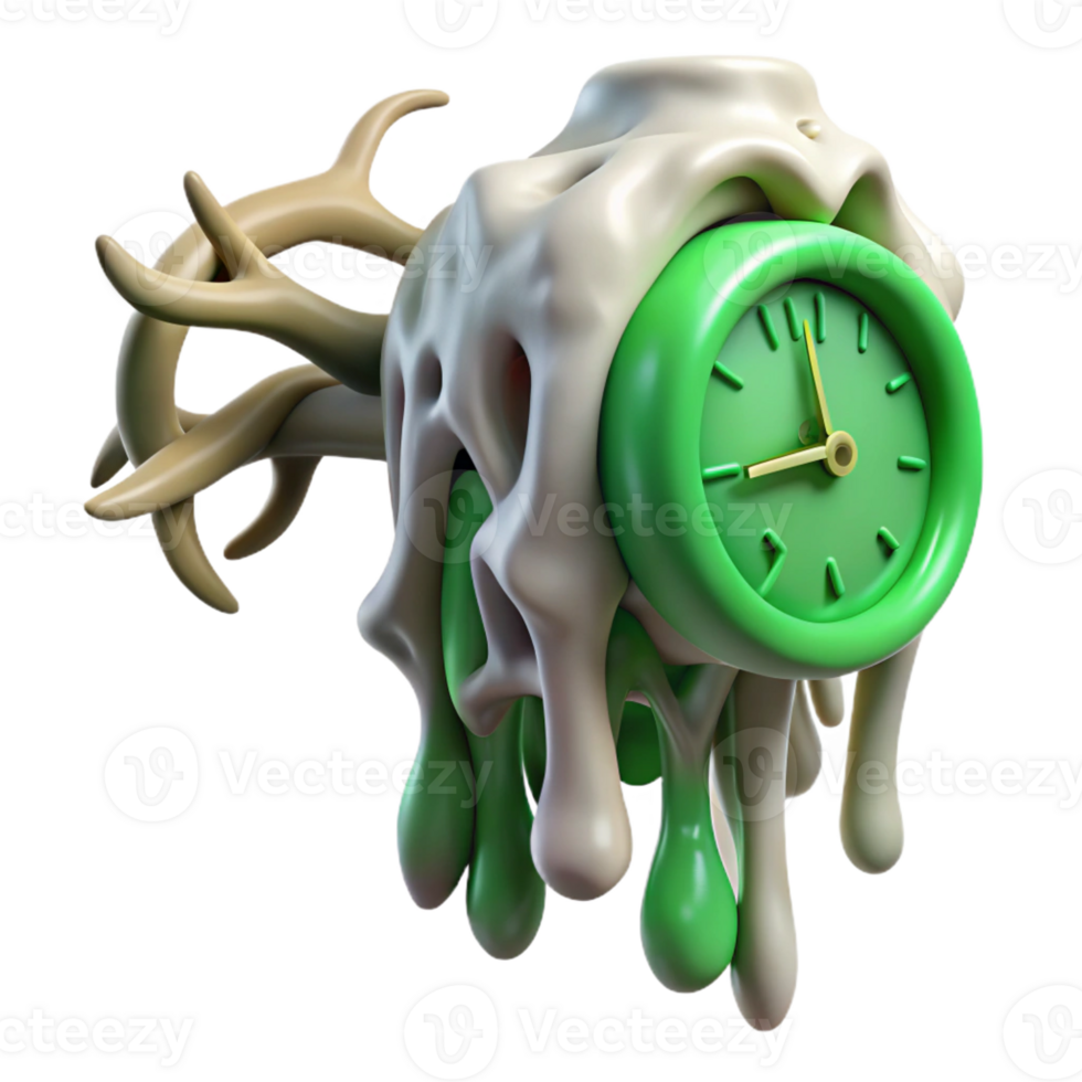 beautiful abstract A melting clock drapes over a branch made of intertwined human bones. Surrealism style, eerie green lighting detailed png