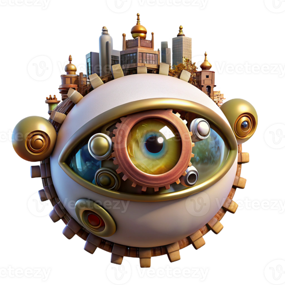 serene abstract A giant, floating eye watches over a city made of interconnected gears and cogs. Steampunk style, warm, artificial lighting authentic png