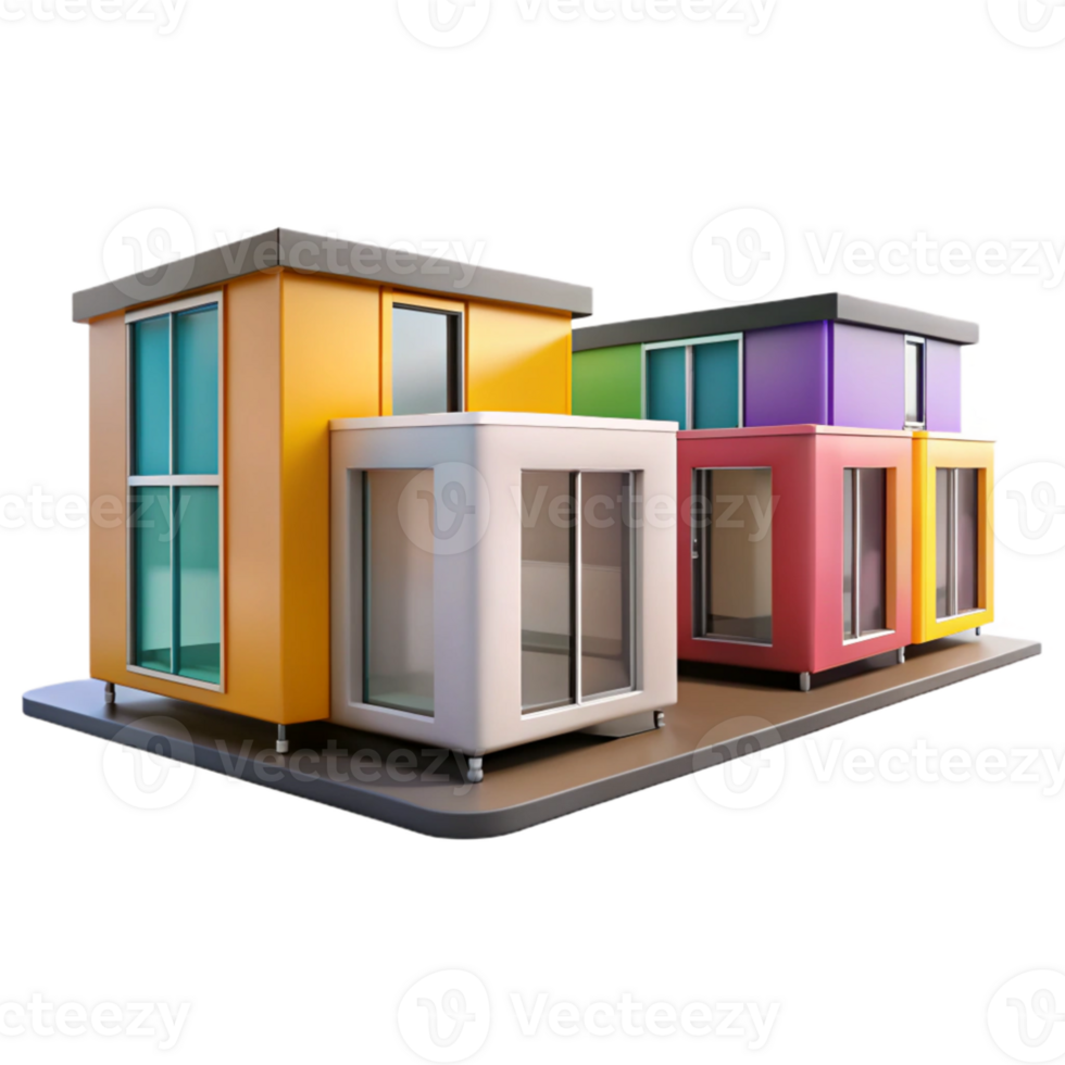 vibrant modern Prefabricated modular housing units, colorful panels, minimalist design, bright daylight, architectural render detailed png