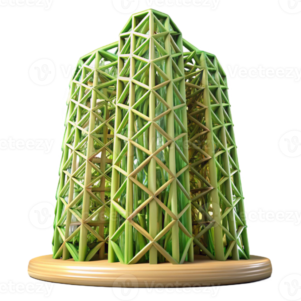 extraordinary modern Bamboo skyscraper, intricate lattice structure, green facade, dappled sunlight, sustainable architecture style high quality png