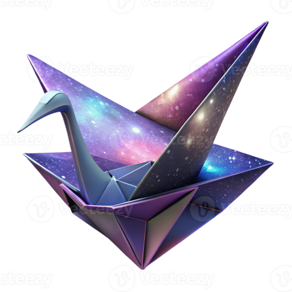 dramatic abstract A giant, origami crane folds itself out of a sheet of swirling galaxies. Abstract style, vibrant, cosmic lighting high quality png