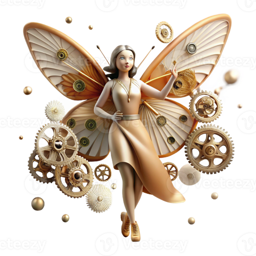 magnificent contemporary A woman with butterfly wings made of clock gears floats amidst a field of dandelion seeds. Surrealism style, soft, dreamlike lighting high quality png
