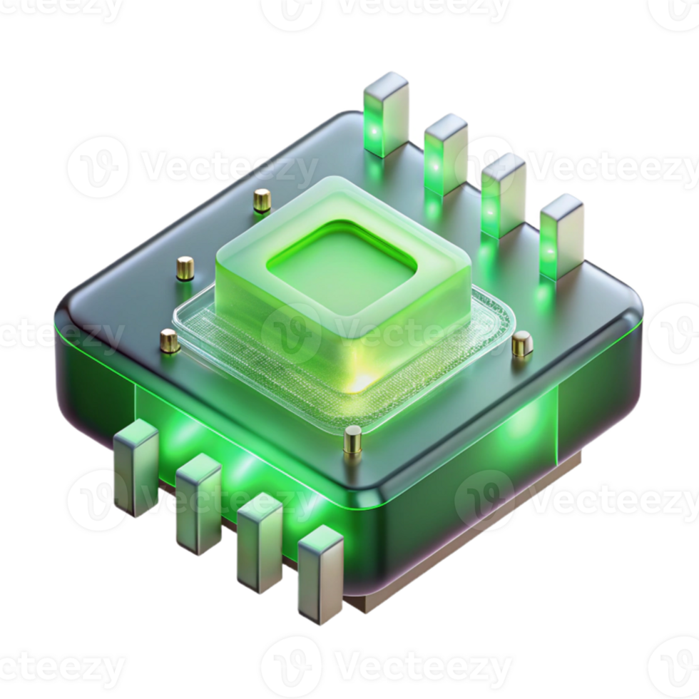 dramatic rustic A levitating transparent computer chip with intricate circuitry, illuminated by glowing green light, in a minimalist style high quality png