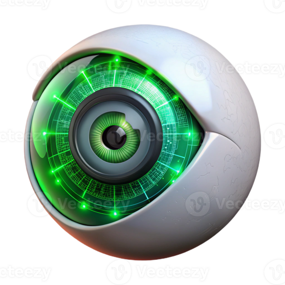 magnificent classic A cyborg eye with intricate iris details zooming in on binary code, illuminated by a scanning green laser, in a cyberpunk style authentic png