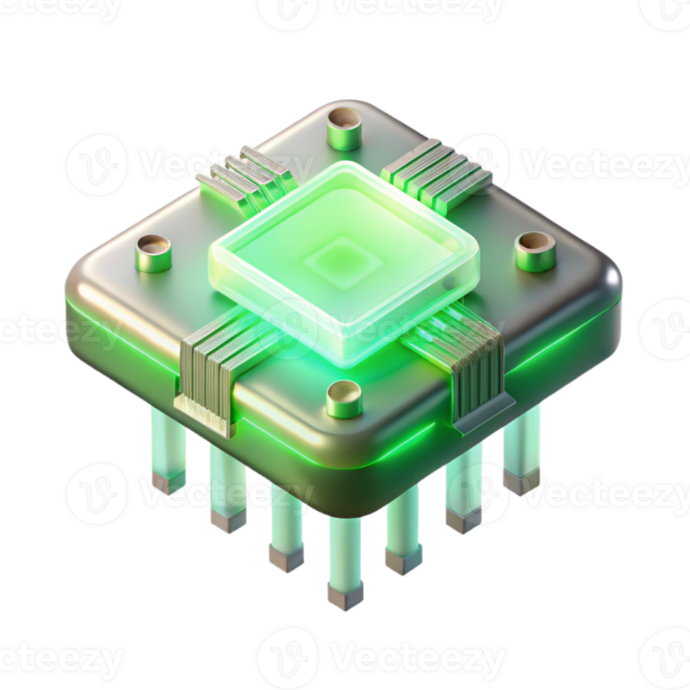 impressive abstract A levitating transparent computer chip with intricate circuitry, illuminated by glowing green light, in a minimalist style premium png