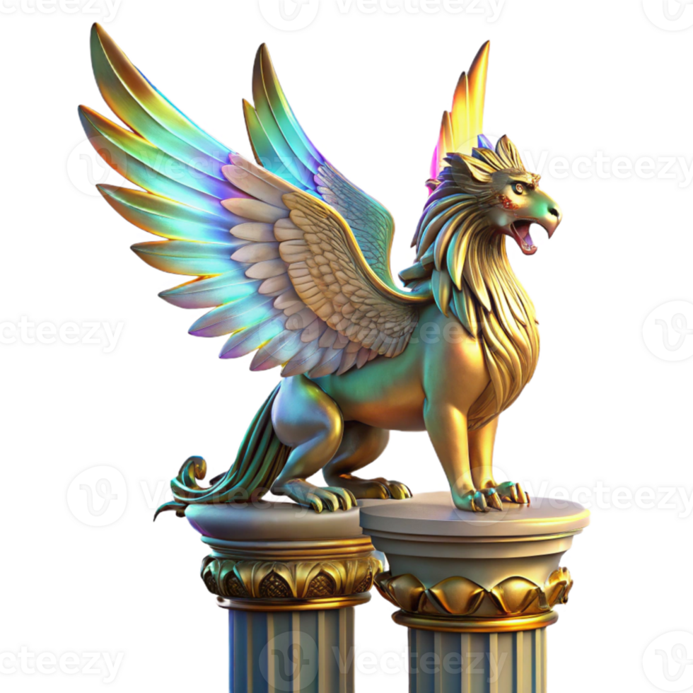 elegant traditional A majestic griffin with iridescent feathers, perched atop a crumbling marble pillar, illuminated by a single shaft of golden light. Art Deco style high quality png